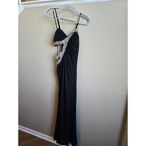 Vtg Size 6? Elegant Black Evening Gown Beaded Rhinestone Detail Straps Long Gala